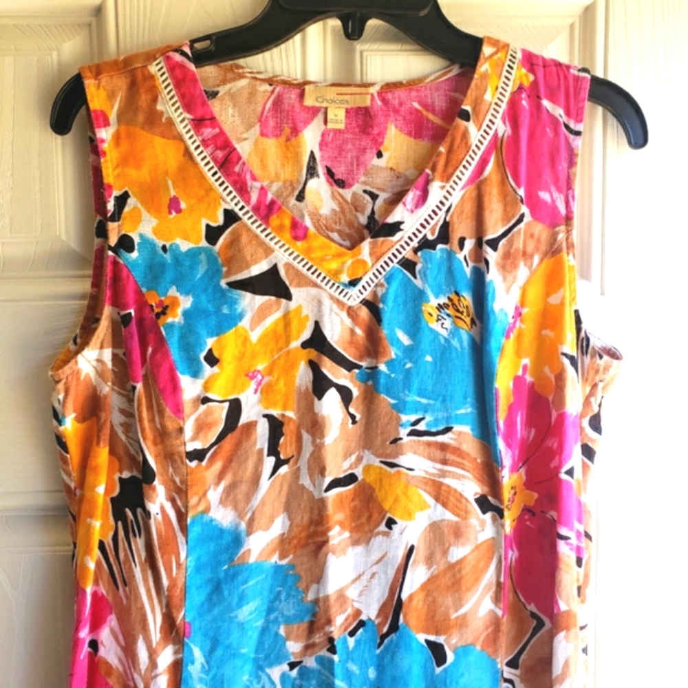 Choices 100% Linen Floral Sleeveless V Neck Dress Size Medium - Picture 3 of 9